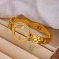 18k gold plated sun bangle with diamond-set ring and blue evil eye charm on velvet - Hollow Leaf Evil Eye Style (sztx230g)