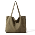Bolso tote grande de lona minimalista en color caqui oscuro con textura gruesa - Verde