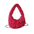 Hot pink quilted bubble cloud handbag with slim silver chain strap for women - Rose Red