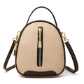 Beige litchi grain bucket bag with contrast brown straps and gold zipper detail - Khaki