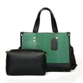 Green lizard pattern tote and black pouch two-piece bag set with gold hardware - Green