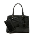 Polished black crocodile embossed tote bag and wallet set with elegant gold hardware - Black