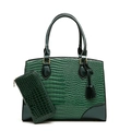 Dark green crocodile pattern tote bag with matching long wallet and gold hardware - Green