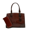 Deep brown faux crocodile leather tote bag set with a matching zip-around wallet - Dark Brown