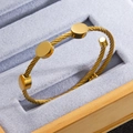 Minimalist 18k gold plated twisted cable open bangle with three polished round discs - Gold