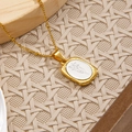 Gold rectangular floral pendant necklace with white enamel inlay and beaded border - March