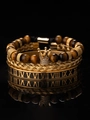 Tiger eye bead bracelet with crown pendant and gold-plated Roman numeral cuff set - Yellow Crown Style