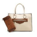 Elegante borsa tote patchwork beige e marrone scuro con set portafoglio coordinato - Bianco Sporco