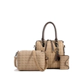Beige woven 3-piece bag set with tote, crossbody bag, and wallet with brown leather trim - Tan