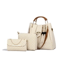 Three-piece women's white tote bag set with yellow polka dots and brown leather trim - White