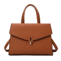 Deep brown leather handbag with lychee texture and golden metal buckle for women - Brown