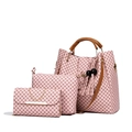 Three-piece women's handbag set in light pink with brown straps and geometric dots - Pink