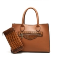 Brown color-block tote bag and wallet set with litchi and crocodile leather textures - Orange
