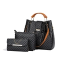 3-piece handbag set with black dot grid pattern and brown leather handles on white background - Black