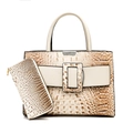 Elegante cremeweiße Handtasche mit Krokodilprägung und passender langer Reißverschlussbörse - Khaki
