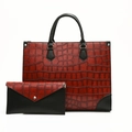 Set borsa tote goffrata coccodrillo rosso scuro e nero con busta pochette coordinata - Borgogna