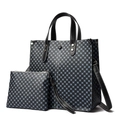 Minimalist black tote bag set with blue dot pattern including a clutch and shoulder strap - Tote Bag And Clutch (MDZ-9685) / Black