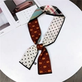 Polka dot and plaid patchwork silk twilly scarf with cute cat motif in coffee brown - Orange Blue Cat & Fish