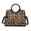 Fashionable leopard print handbag with round handles and rivets in a high-quality PU finish - Leopard Print Black