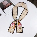 Elegant beige silk ribbon scarf with brown diamond pattern and floral accents - Dotted Mesh Khaki