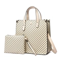 Beige tote bag with black geometric print and matching zippered clutch set - Tote Bag And Clutch (MDZ-9685) / Off White