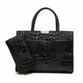 Fashionable black crocodile embossed tote bag and matching long zipper wallet set - Black