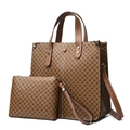 Brown PU leather tote bag set with vintage geometric print and detachable shoulder strap - Tote Bag And Clutch (MDZ-9685) / Khaki