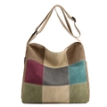Fashion color-block canvas tote bag with adjustable strap in deep red and olive green - Coffee
