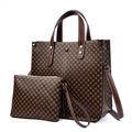 Vintage brown geometric pattern tote bag and pouch set with shoulder strap - Tote Bag And Clutch (MDZ-9685) / Dark Brown