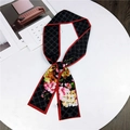 Long black Twilly scarf with red ends featuring white H-check and floral pattern - Dotted Mesh Black