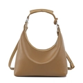 Minimalist camel hobo bucket bag in lychee pattern leather for women, front view - Khaki