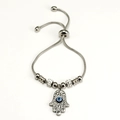 Pulsera de cadena de serpiente de plata mano de Fátima con ojo turco y cierre ajustable - Estilo Hamsa / Color acero