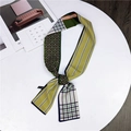 Elegant multi-color twilly scarf with green stripes and geometric patterns on a white tray - Floral Stripe Emerald Green
