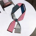 Pink and navy patchwork long skinny silk scarf with striped and geometric patterns - Floral Stripe Lake Blue Pink