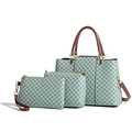 Vintage mint green tote bag set with geometric print and brown leather handles - Black