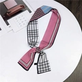 Pink and blue geometric pattern twilly silk scarf with stripes and checkered design - Floral Stripe Pink Blue