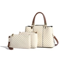 3-piece women's tote set with white and yellow geometric print and brown leather straps - Off White