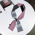 Fashionable long silk scarf featuring pink stripes, floral print, and blue plaid patchwork - Floral Stripe Black Pink