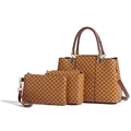 Brown vintage 3-in-1 handbag set featuring floral print tote, crossbody and clutch - Brown