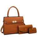 Brown crocodile pattern faux leather handbag set with purse and card holder - Three-Piece Set / Brown Set