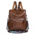 Vintage brown leather backpack for women with bohemian style ethnic embroidered strap - Brown