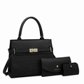 Black three-piece handbag set with crocodile pattern and golden metal hardware - Three-Piece Set / Black Set