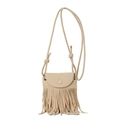 Petit sac bandoulière beige en suédine avec longues franges et bandoulière fine - Blanc Cassé