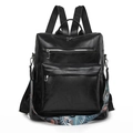 Retro black leaf-embossed backpack for women with colorful patterned wide strap - Black