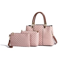 Pink vintage tote bag set with geometric print including shoulder bag and clutch - Pink