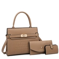 Three-piece camel leather tote bag set with crocodile texture and gold metal clasp - Khaki Set