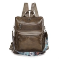Retro brown multi-pocket backpack with bohemian patterned strap and stitched detail - Coffee