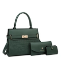 Three-piece dark green crocodile pattern tote bag set with golden twist lock for women - Green Bag Set