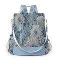 Blue floral jacquard nylon backpack for women with leather trim and wide straps - Blue