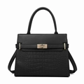 Large black leather tote bag with crocodile pattern and golden clasp for women - Black Single Bag